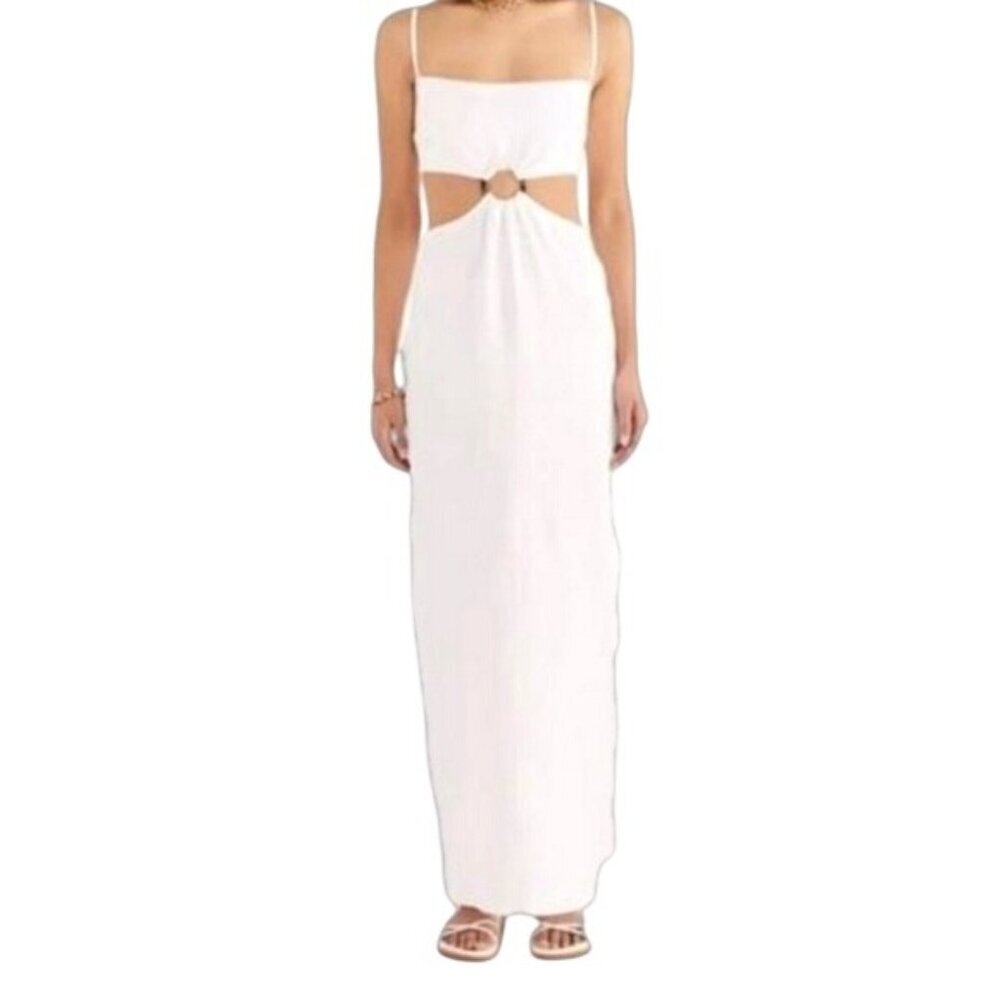 Revolve Rumer Small Linen Avalon Tortoise Ring Cutout Maxi White Dress MSRP 329